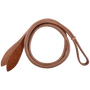 Over-and-under whip with popper, coiled and seen from above. The rolled harness leather whip has a loop at one end and wide flat poppers at the other.