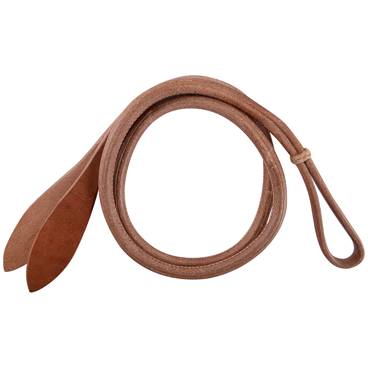 Over-and-under whip with popper, coiled and seen from above. The rolled harness leather whip has a loop at one end and wide flat poppers at the other.