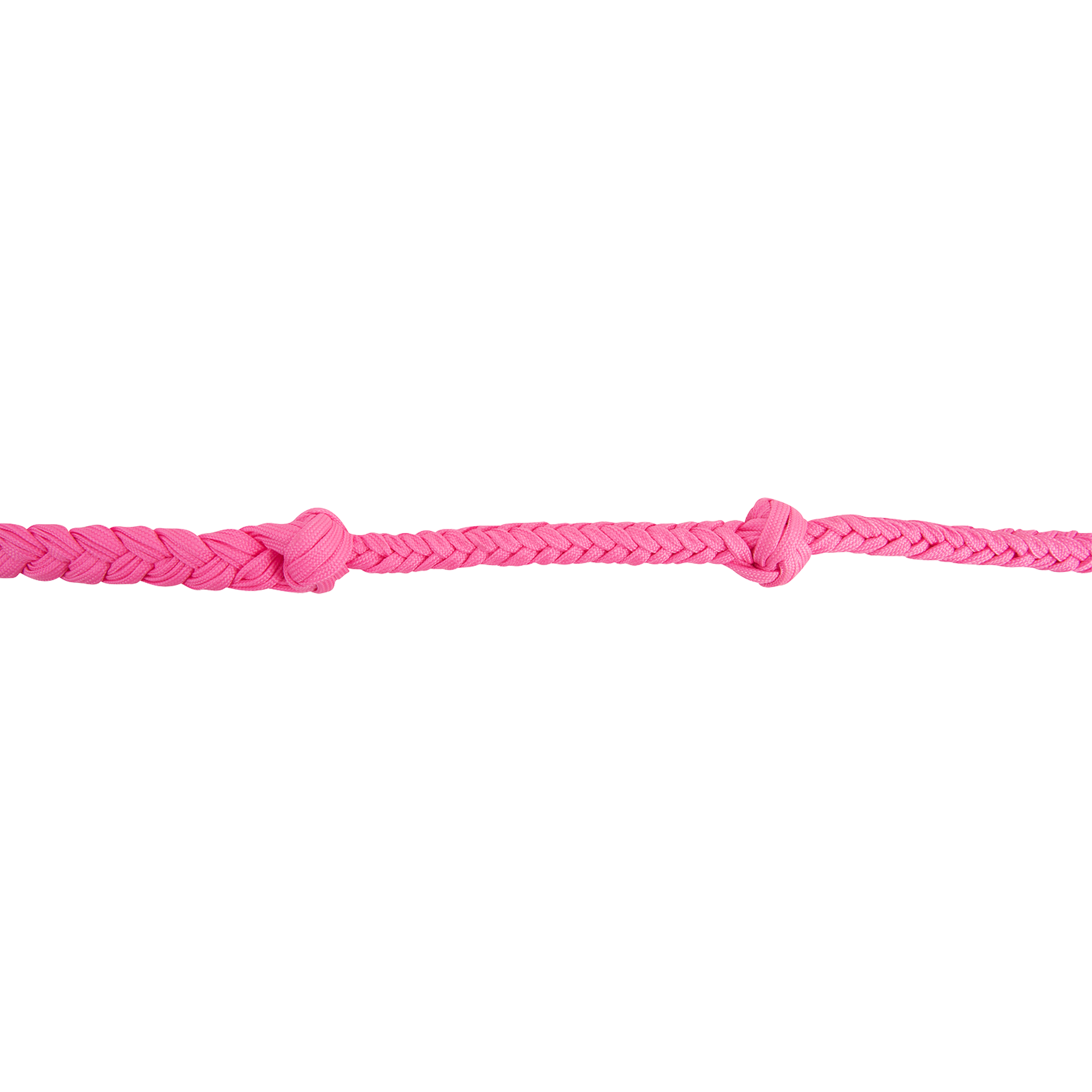 Pink braided nylon rein seen up close, with knots tied into the braid. The knots give barrel racers the same hand position every time on this Martin Saddlery rein.