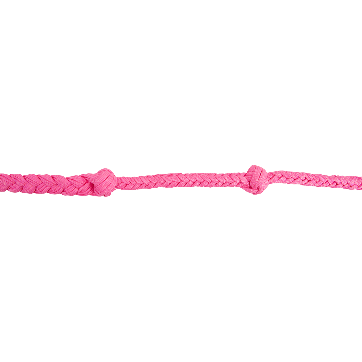 Pink braided nylon rein seen up close, with knots tied into the braid. The knots give barrel racers the same hand position every time on this Martin Saddlery rein.