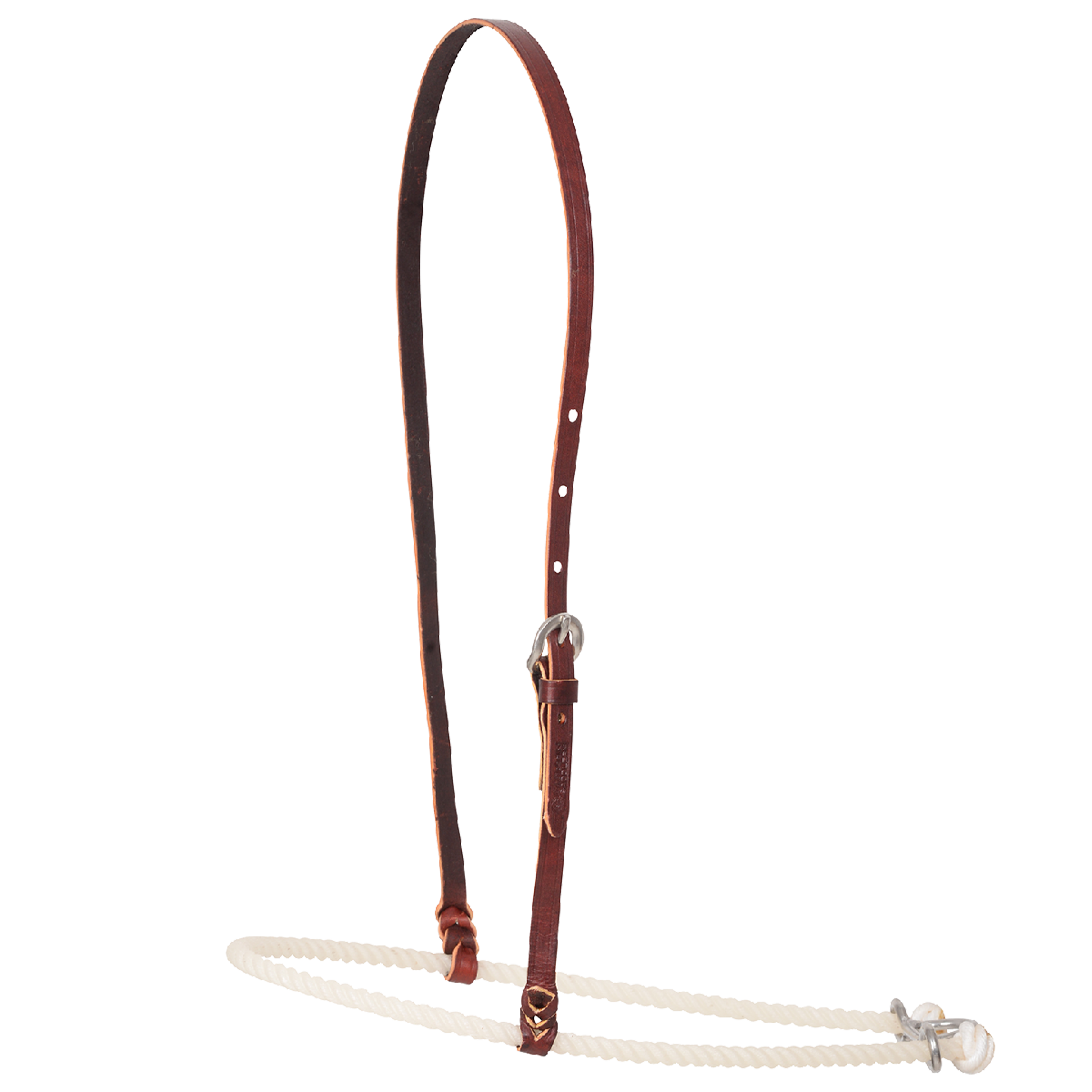 Plain single rope noseband from Martin Saddlery, seen from the front quarter. The uncovered white rope hangs from a leather strap with a buckle for adjustment.