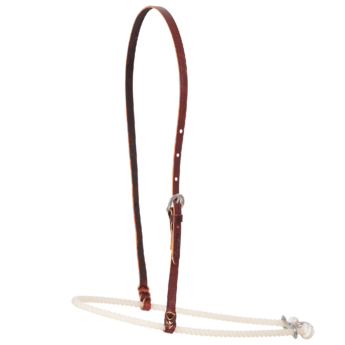 Plain single rope noseband from Martin Saddlery, seen from the front quarter. The uncovered white rope hangs from a leather strap with a buckle for adjustment.