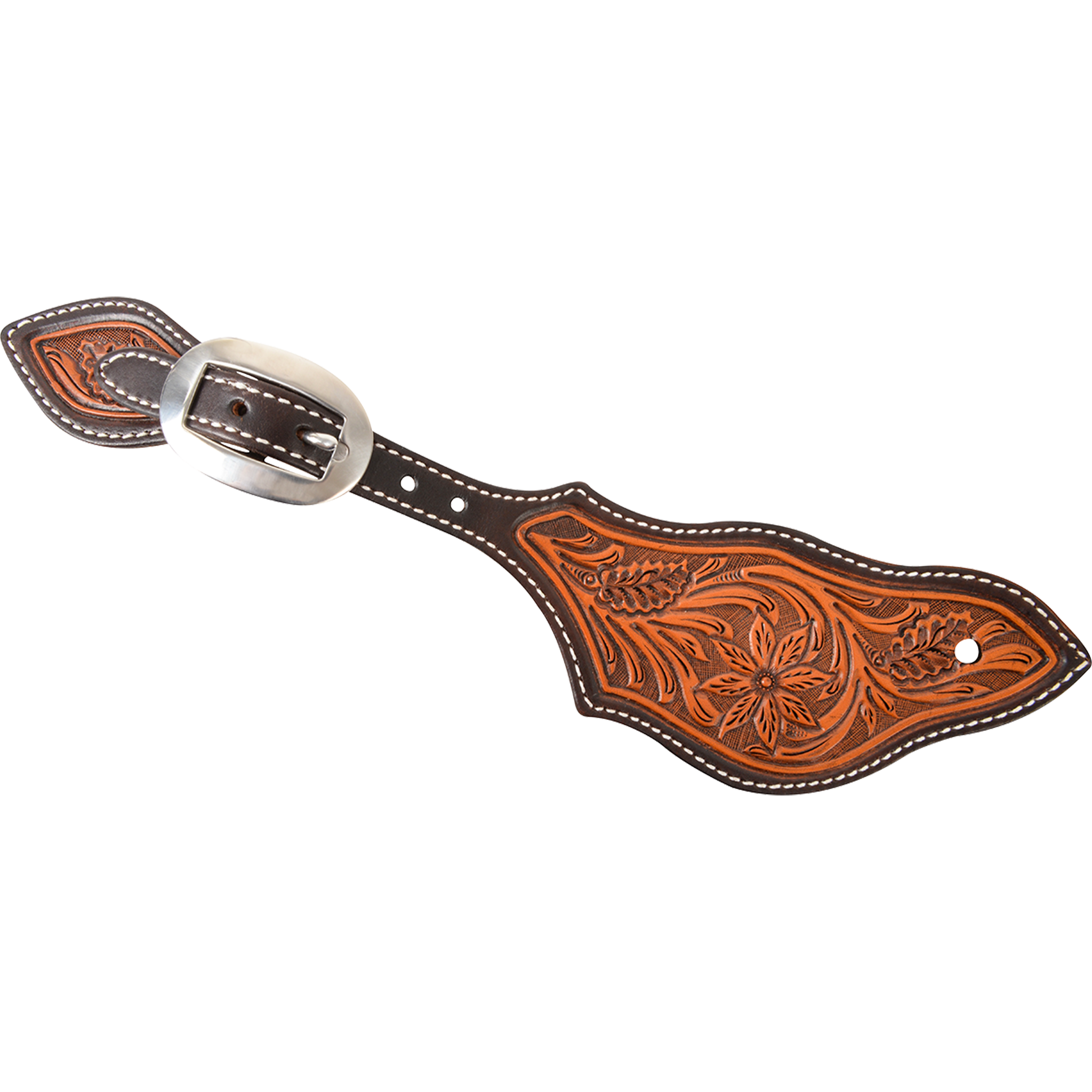 Rancher spur strap with dyed edges and desert flower tooling, seen from above. A tooled flower sits on natural leather inside dark dyed edges, with a cart buckle at the narrow end.