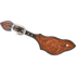 Rancher spur strap with dyed edges and desert flower tooling, seen from above. A tooled flower sits on natural leather inside dark dyed edges, with a cart buckle at the narrow end.