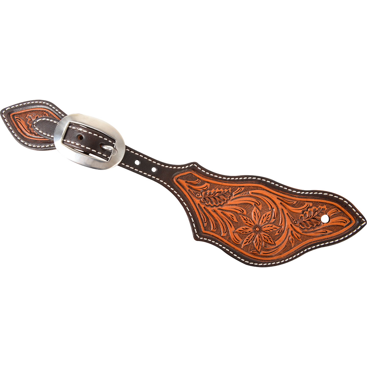 Rancher spur strap with dyed edges and desert flower tooling, seen from above. A tooled flower sits on natural leather inside dark dyed edges, with a cart buckle at the narrow end.