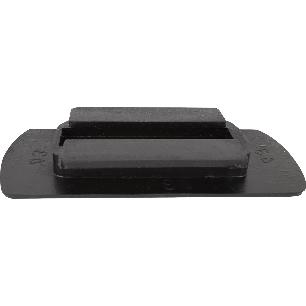 Rubber replacement stirrup tread seen from the side with its underside up. The mounting block rises from the flat black base, which curves down at each end.