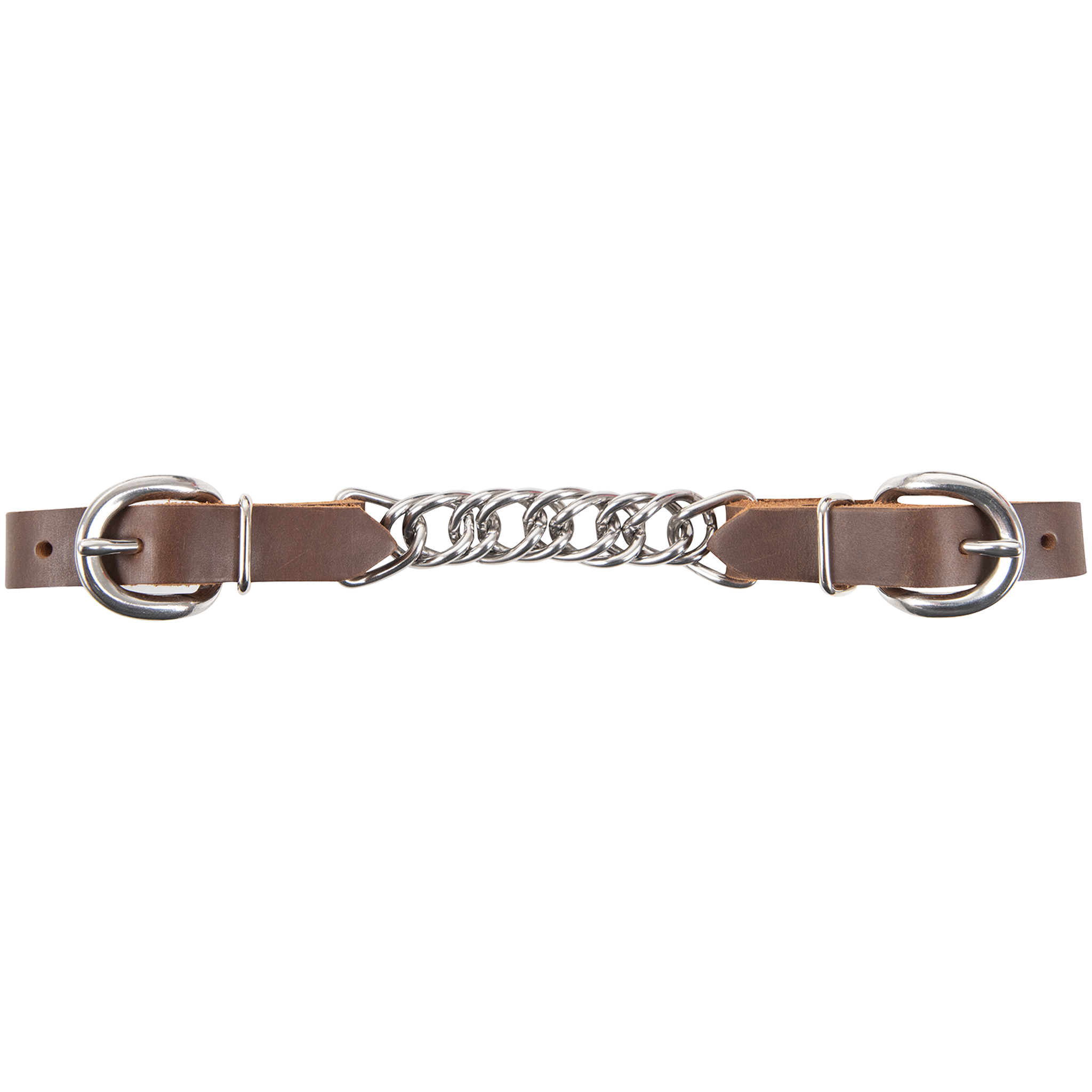 Retan leather flat curb chain laid out straight. A flat stainless steel chain sits between two brown Retan leather ends with buckles.