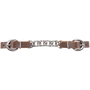 Retan leather flat curb chain laid out straight. A flat stainless steel chain sits between two brown Retan leather ends with buckles.