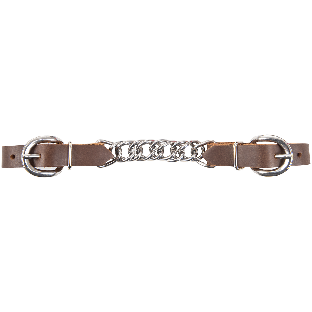 Retan leather flat curb chain laid out straight. A flat stainless steel chain sits between two brown Retan leather ends with buckles.
