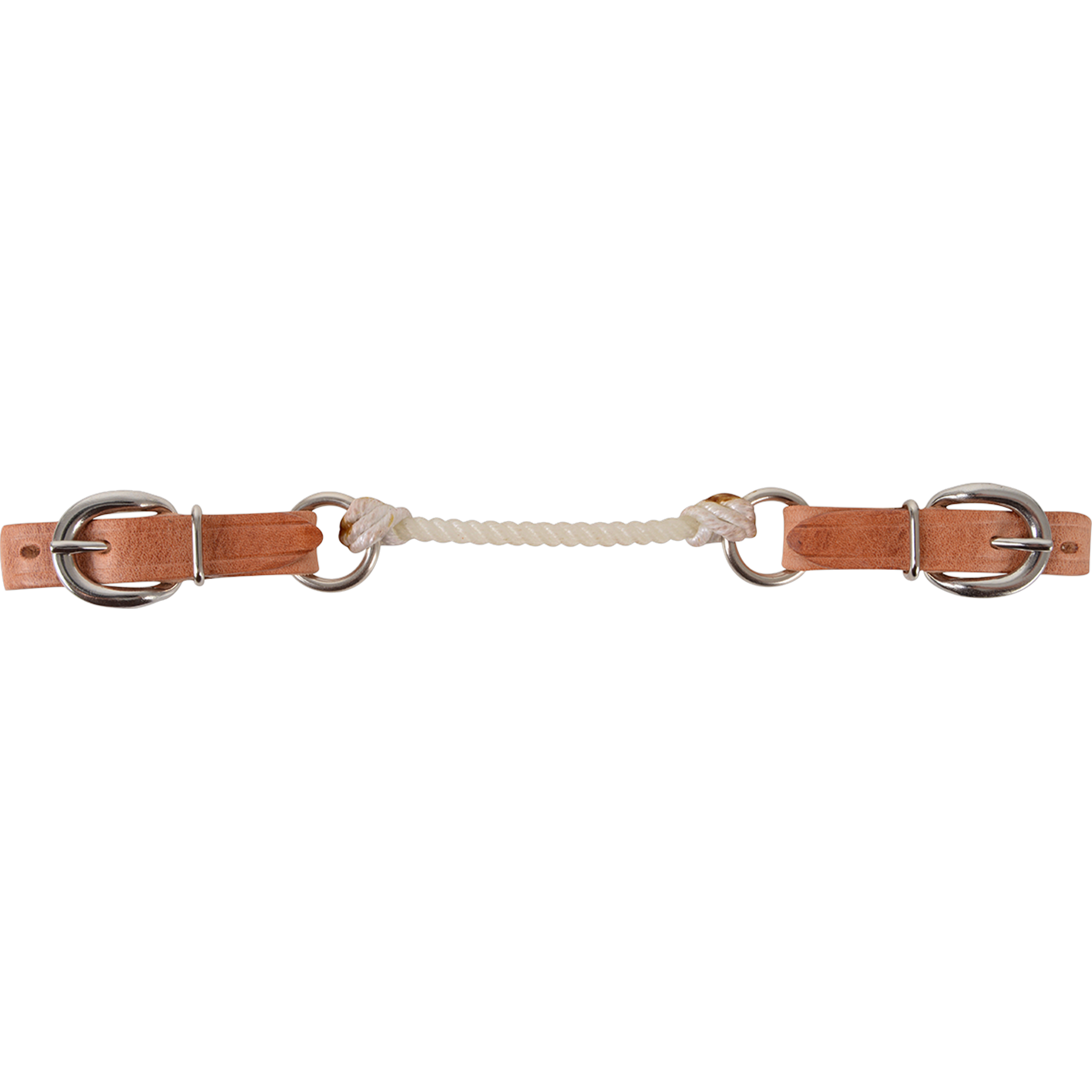 Rope curb strap with harness buckle straps, laid flat and seen from above. White rope ties between rings at the center, with light harness leather straps and buckles at each end.
