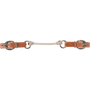 Rope curb strap with harness buckle straps, laid flat and seen from above. White rope ties between rings at the center, with light harness leather straps and buckles at each end.