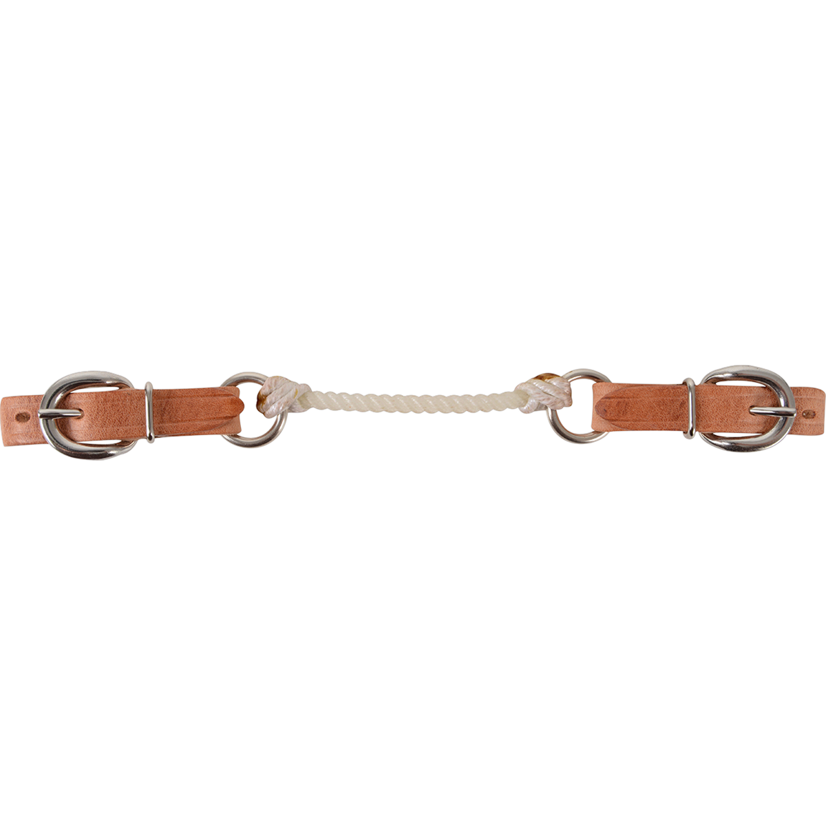 Rope curb strap with harness buckle straps, laid flat and seen from above. White rope ties between rings at the center, with light harness leather straps and buckles at each end.
