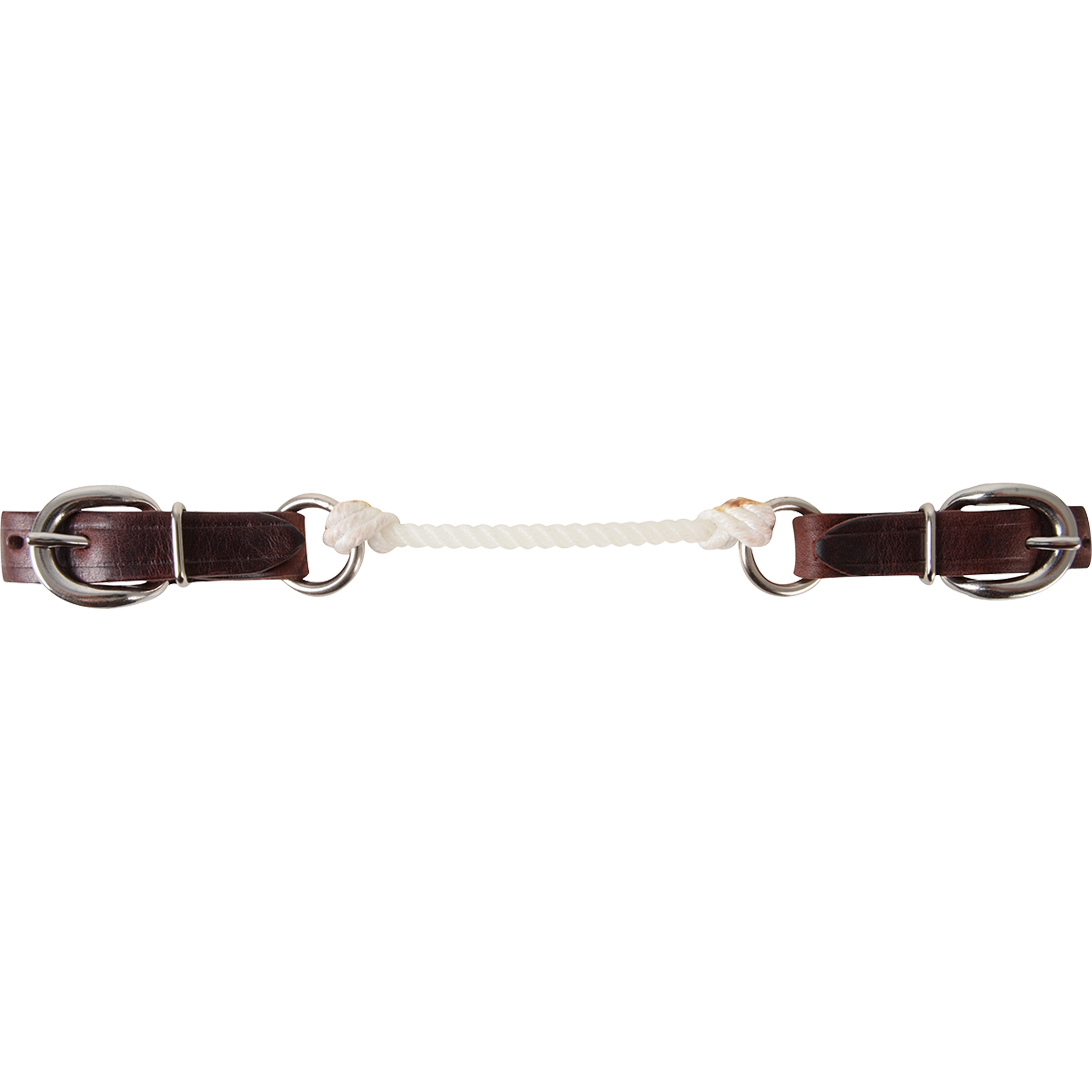 Rope curb strap with latigo buckle straps, laid flat and seen from above. White rope ties between rings at the center, with dark latigo leather straps and buckles at each end.
