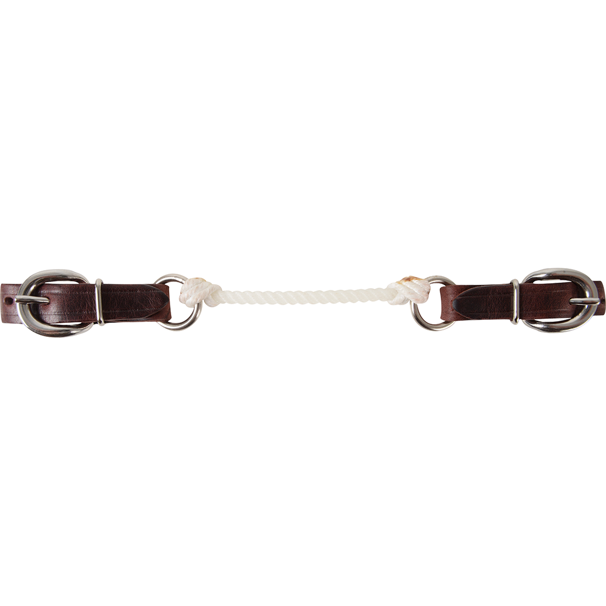 Rope curb strap with latigo buckle straps, laid flat and seen from above. White rope ties between rings at the center, with dark latigo leather straps and buckles at each end.
