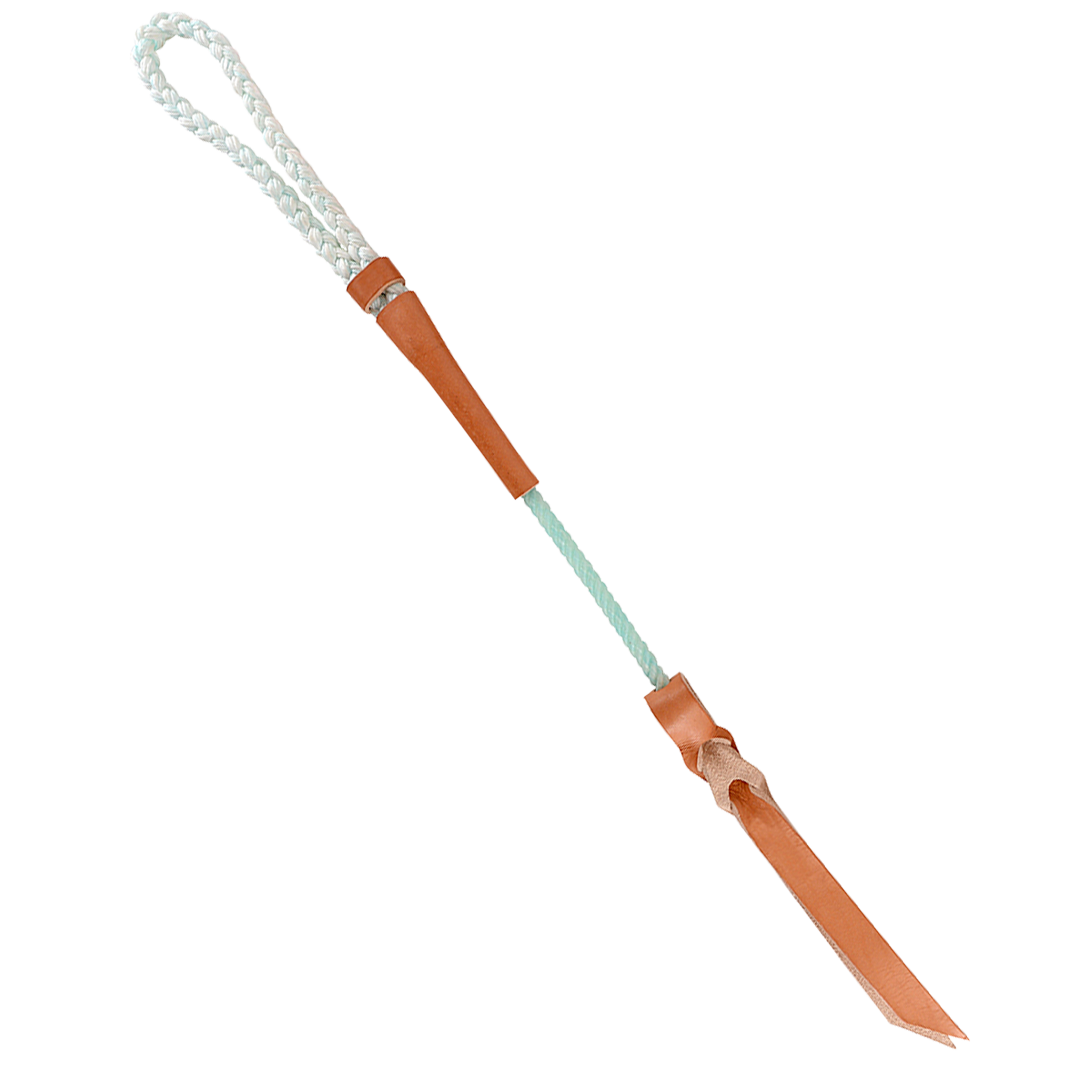 Rope quirt from Martin Saddlery, seen from above. A braided rope wristband leads into a leather handle, a length of rope and a harness leather popper.