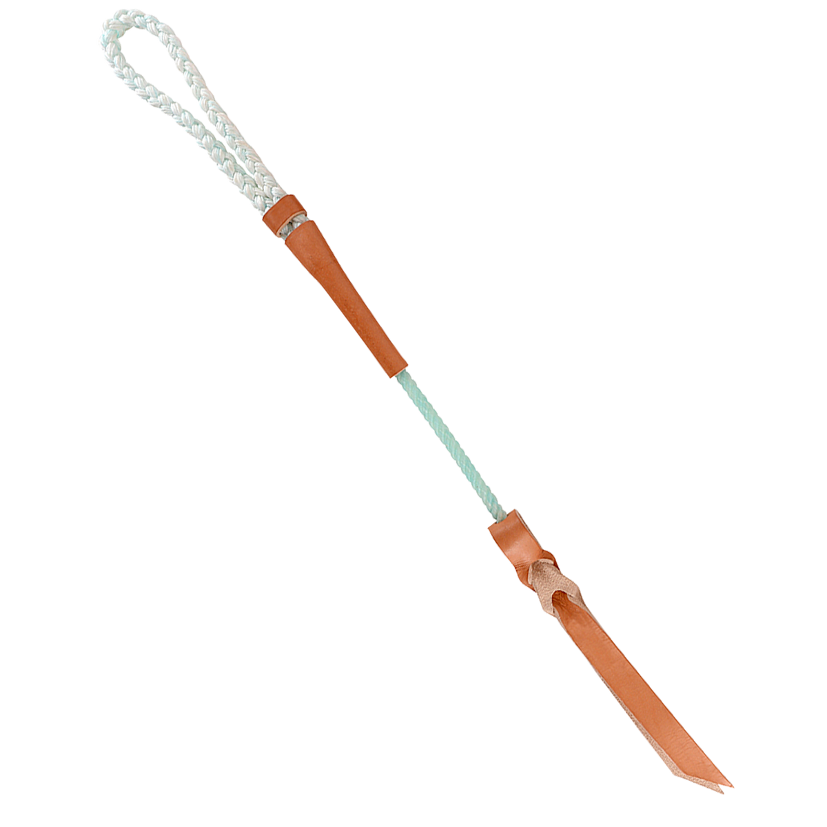 Rope quirt from Martin Saddlery, seen from above. A braided rope wristband leads into a leather handle, a length of rope and a harness leather popper.