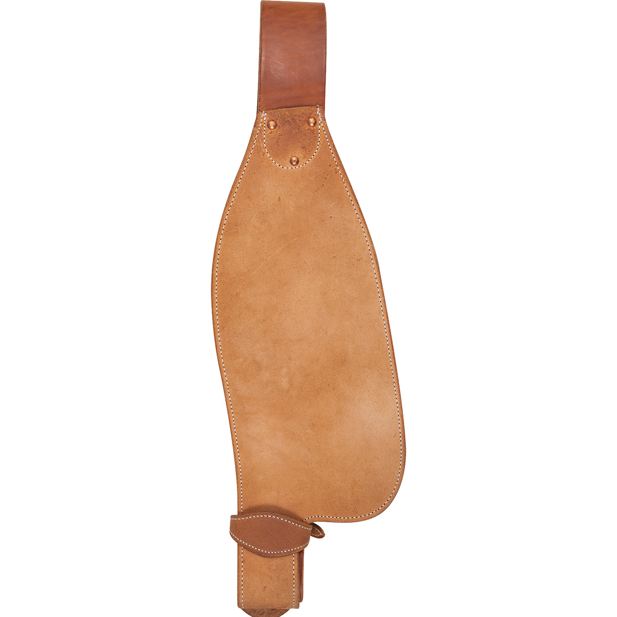 Roper replacement fender from Martin Saddlery, seen from the outside and curving the opposite way. Stitching follows the edge of the roughout leather down to the hobble at the bottom.