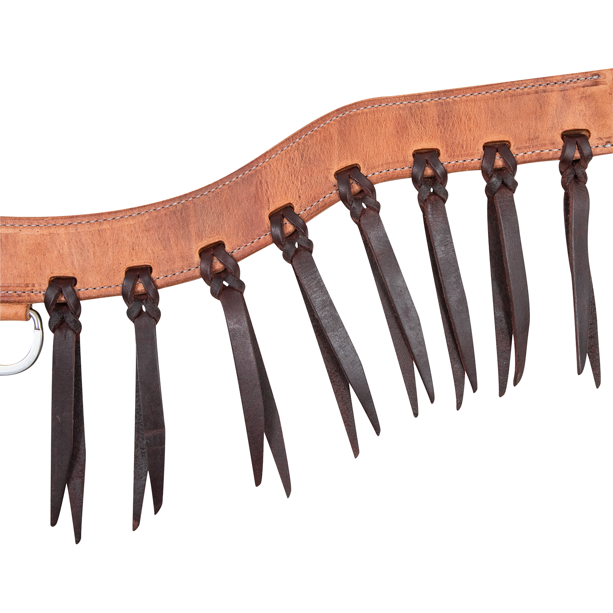 Harness leather breast collar strap with dark latigo strings tied through it in blood knots. The strings hang below the stitched edge of this Martin Saddlery steer roper breast collar.