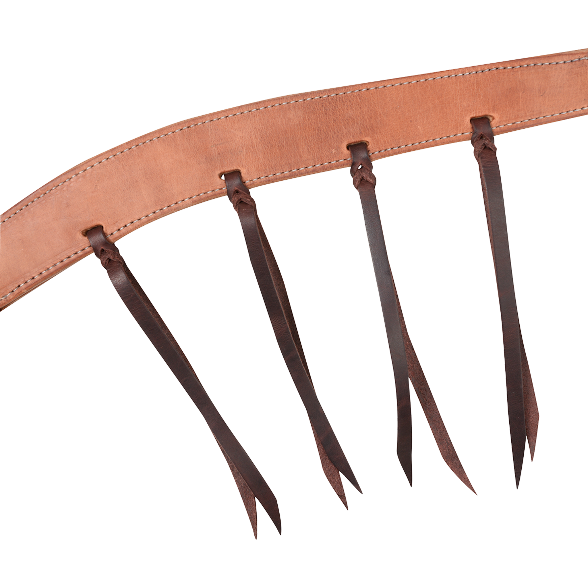 Harness leather breast collar strap with dark latigo strings tied through it in blood knots. Stitching follows both edges of the strap on this Martin Saddlery breast collar, built for roping or ranch use.