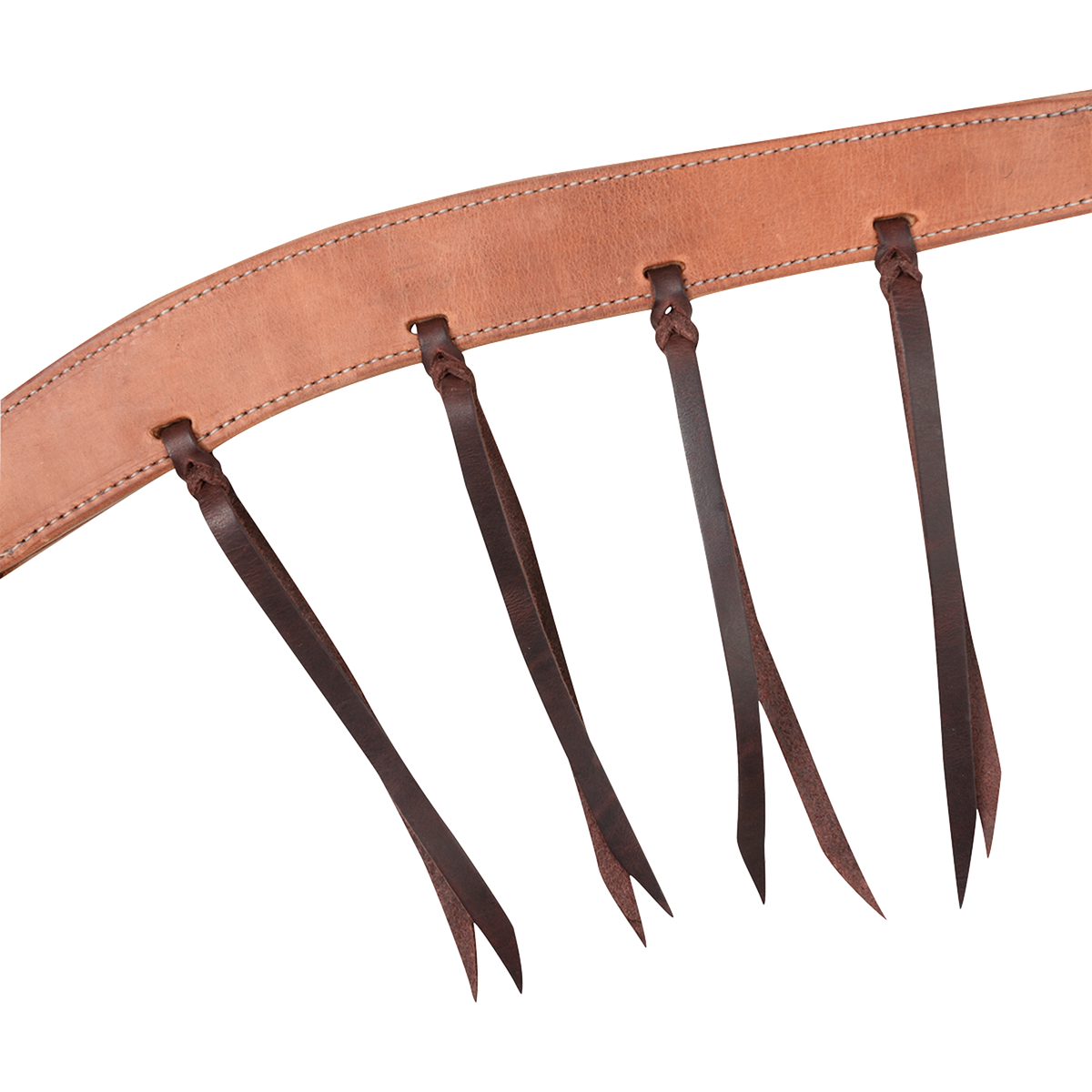 Harness leather breast collar strap with dark latigo strings tied through it in blood knots. Stitching follows both edges of the strap on this Martin Saddlery breast collar, built for roping or ranch use.