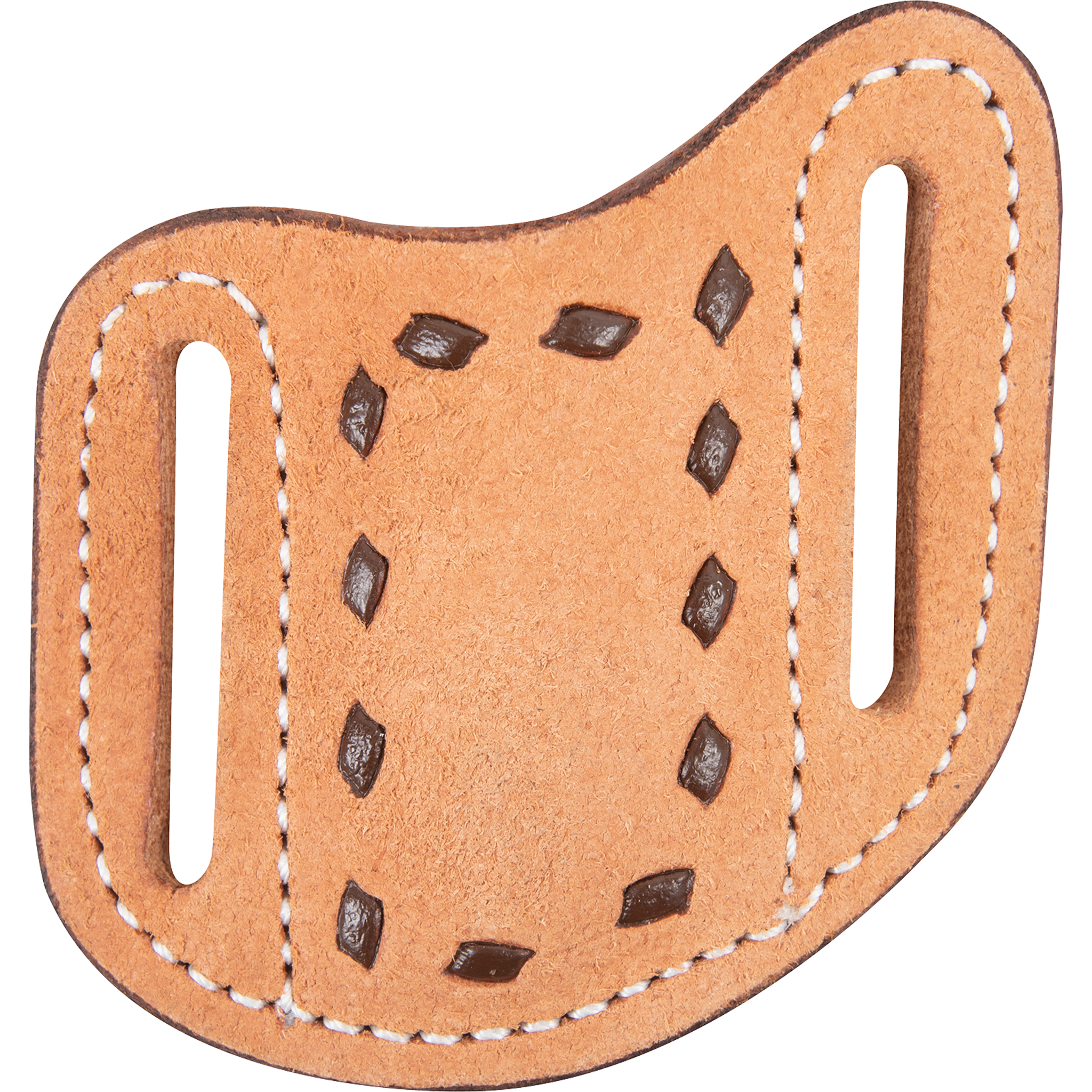 Natural roughout folding knife sheath with chocolate buckstitching, seen from the front. The buckstitch lacing frames the pocket between white stitched belt slots.