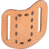 Natural roughout folding knife sheath with chocolate buckstitching, seen from the front. The buckstitch lacing frames the pocket between white stitched belt slots.