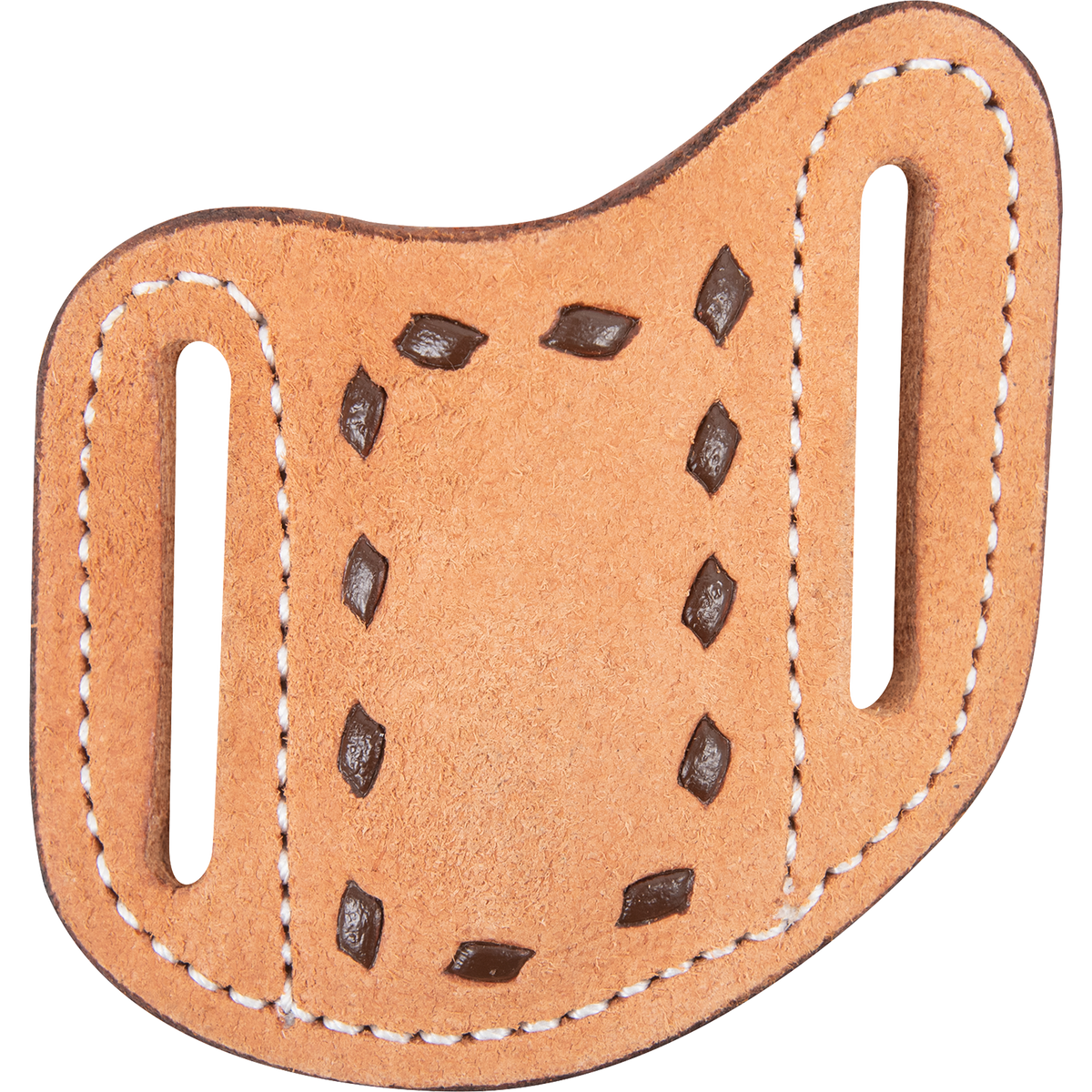 Natural roughout folding knife sheath with chocolate buckstitching, seen from the front. The buckstitch lacing frames the pocket between white stitched belt slots.