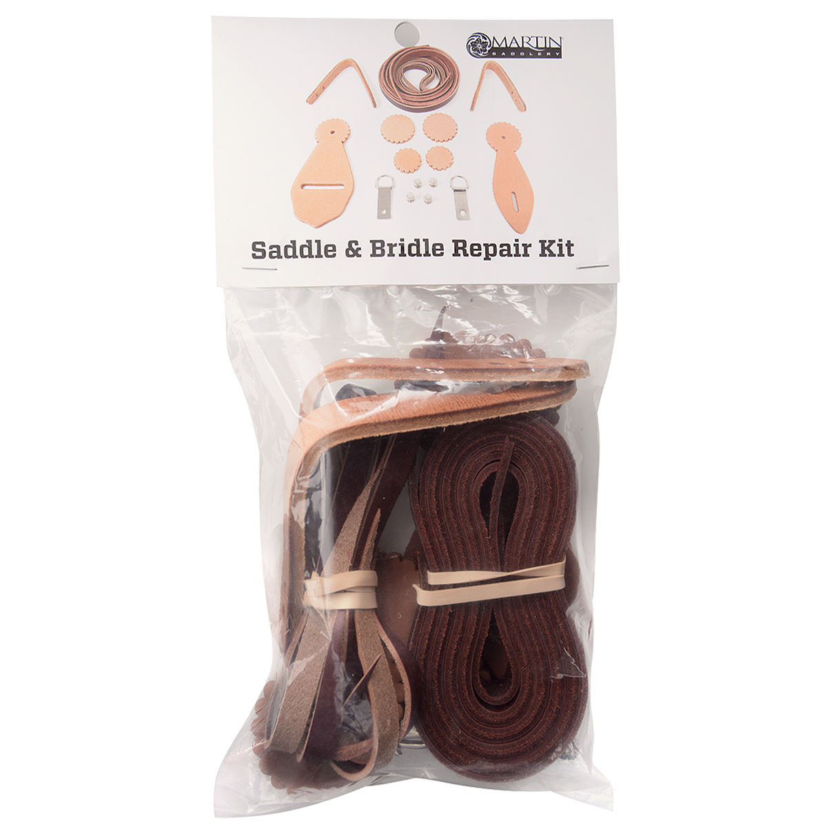 Martin Saddlery saddle and bridle repair kit in its retail bag, seen from the front. Coiled latigo strings and leather parts show through the clear bag under a header card picturing the contents.