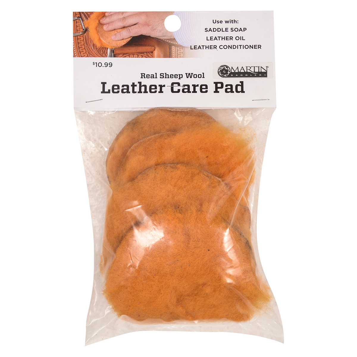 Martin Saddlery leather care pads in their retail bag, seen from the front. Real sheep wool pads show through the clear bag under a header card that lists saddle soap, leather oil and leather conditioner.