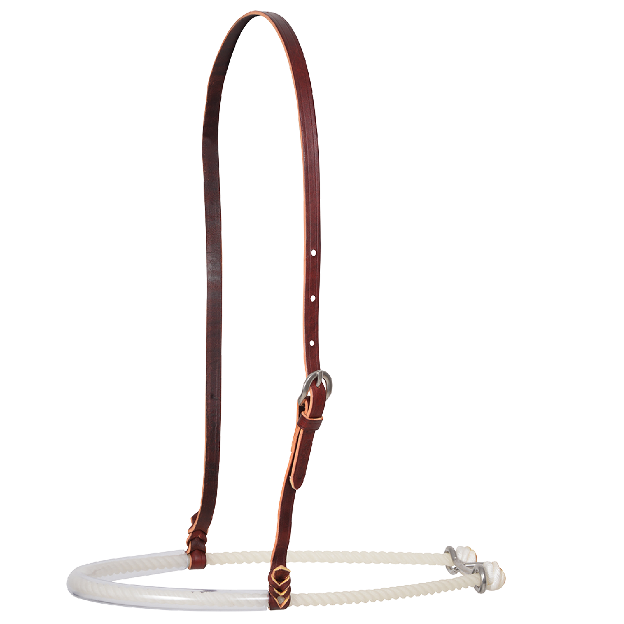 Single rope noseband with a clear tube cover from Martin Saddlery, seen from the front quarter. Clear rubber tubing covers the front of the white rope, which hangs from a leather strap with a buckle.