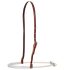Single rope noseband with a clear tube cover from Martin Saddlery, seen from the front quarter. Clear rubber tubing covers the front of the white rope, which hangs from a leather strap with a buckle.