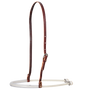 Single rope noseband with a clear tube cover from Martin Saddlery, seen from the front quarter. Clear rubber tubing covers the front of the white rope, which hangs from a leather strap with a buckle.