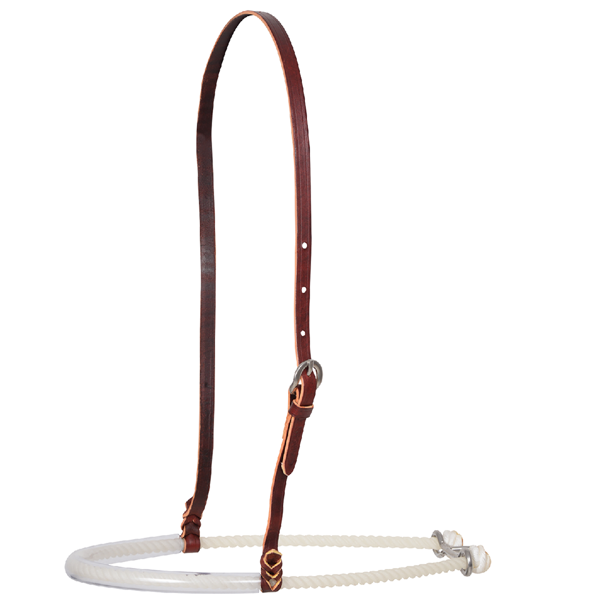 Single rope noseband with a clear tube cover from Martin Saddlery, seen from the front quarter. Clear rubber tubing covers the front of the white rope, which hangs from a leather strap with a buckle.