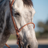 Dapple gray horse wearing a Martin Saddlery single rope noseband with a laced harness leather cover. The noseband sits across the nose and ties into the headstall at the cheek.