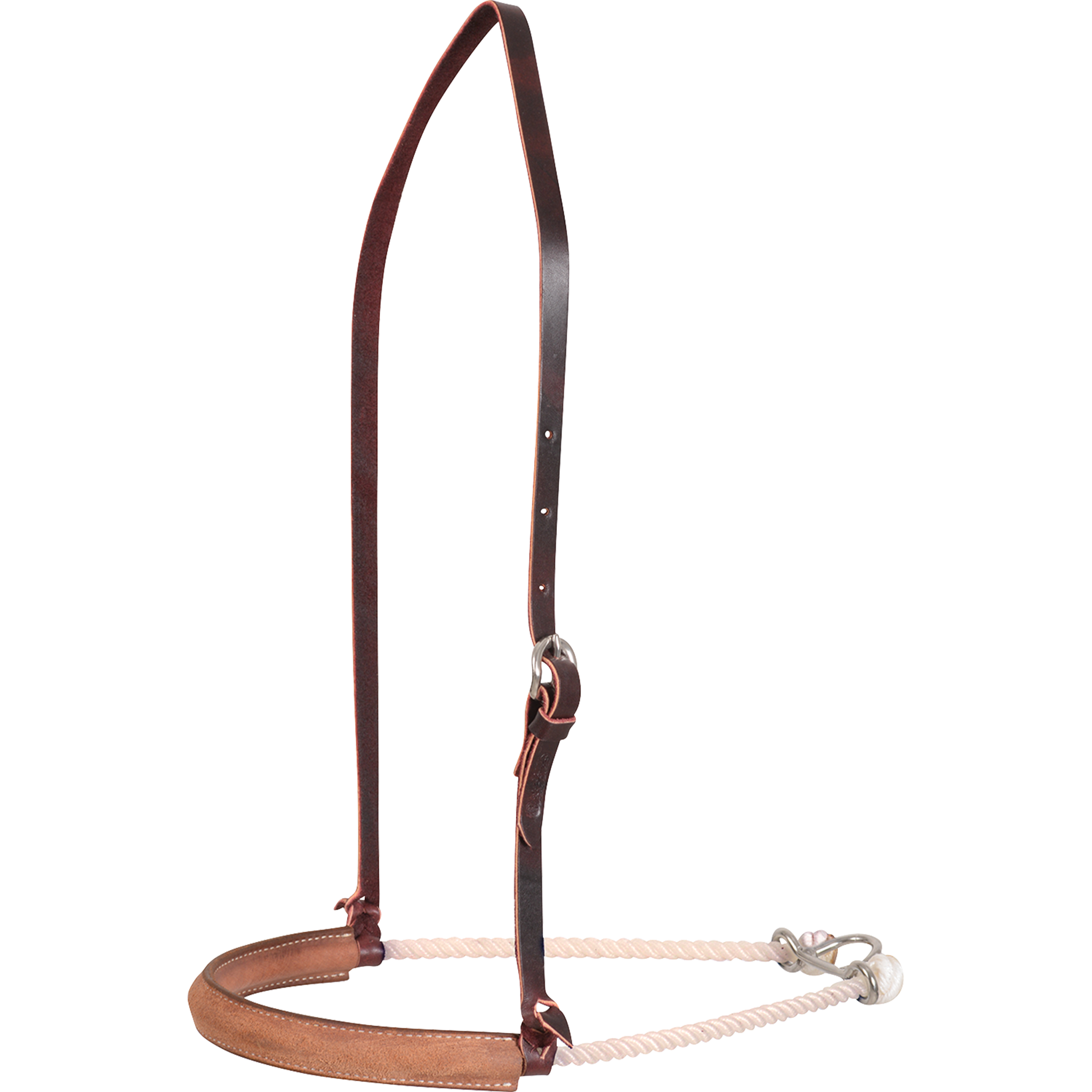 Single rope noseband with a roughout leather cover, seen from the front quarter. The tooled cover wraps the front of the white rope, which hangs from an adjustable leather strap with stainless steel hardware.