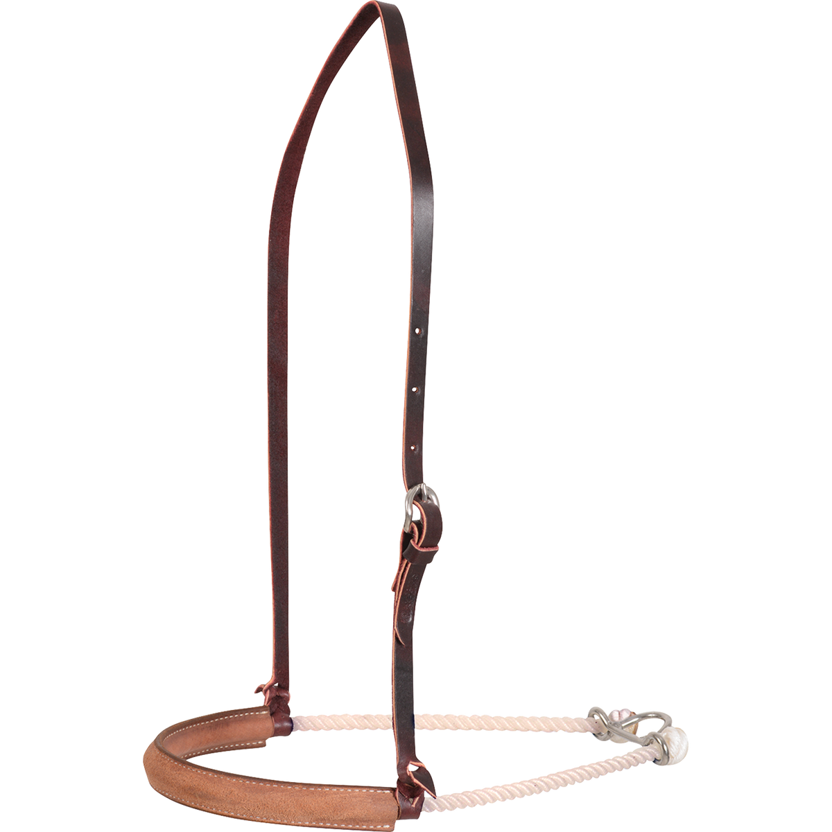 Single rope noseband with a roughout leather cover, seen from the front quarter. The tooled cover wraps the front of the white rope, which hangs from an adjustable leather strap with stainless steel hardware.