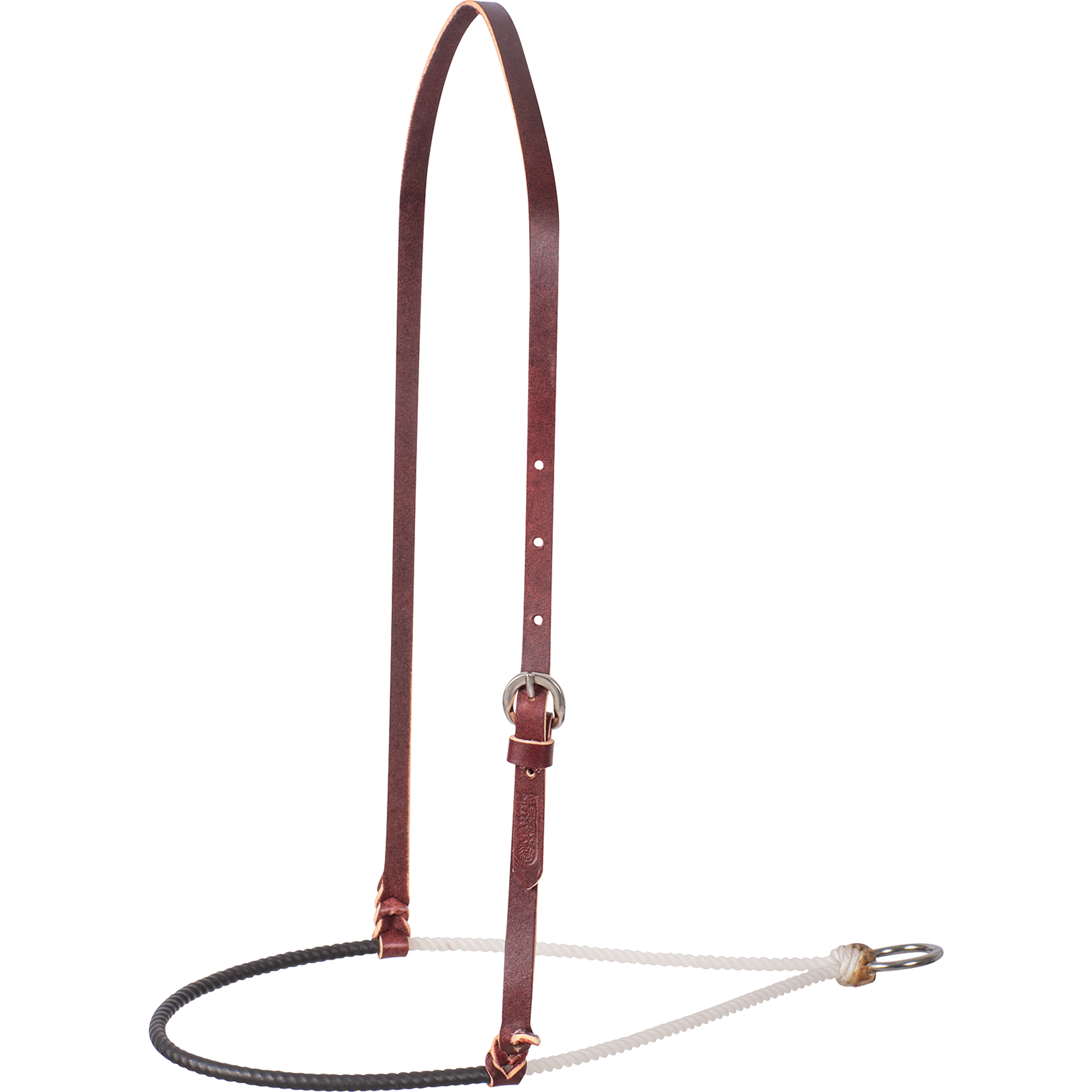 Single rope noseband with a shrink wrap cover from Martin Saddlery, seen from the front quarter. A black cover wraps the front of the 3/16-inch white rope, hung from a dark leather strap with a buckle.
