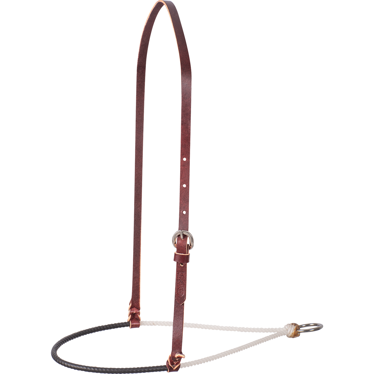 Single rope noseband with a shrink wrap cover from Martin Saddlery, seen from the front quarter. A black cover wraps the front of the 3/16-inch white rope, hung from a dark leather strap with a buckle.
