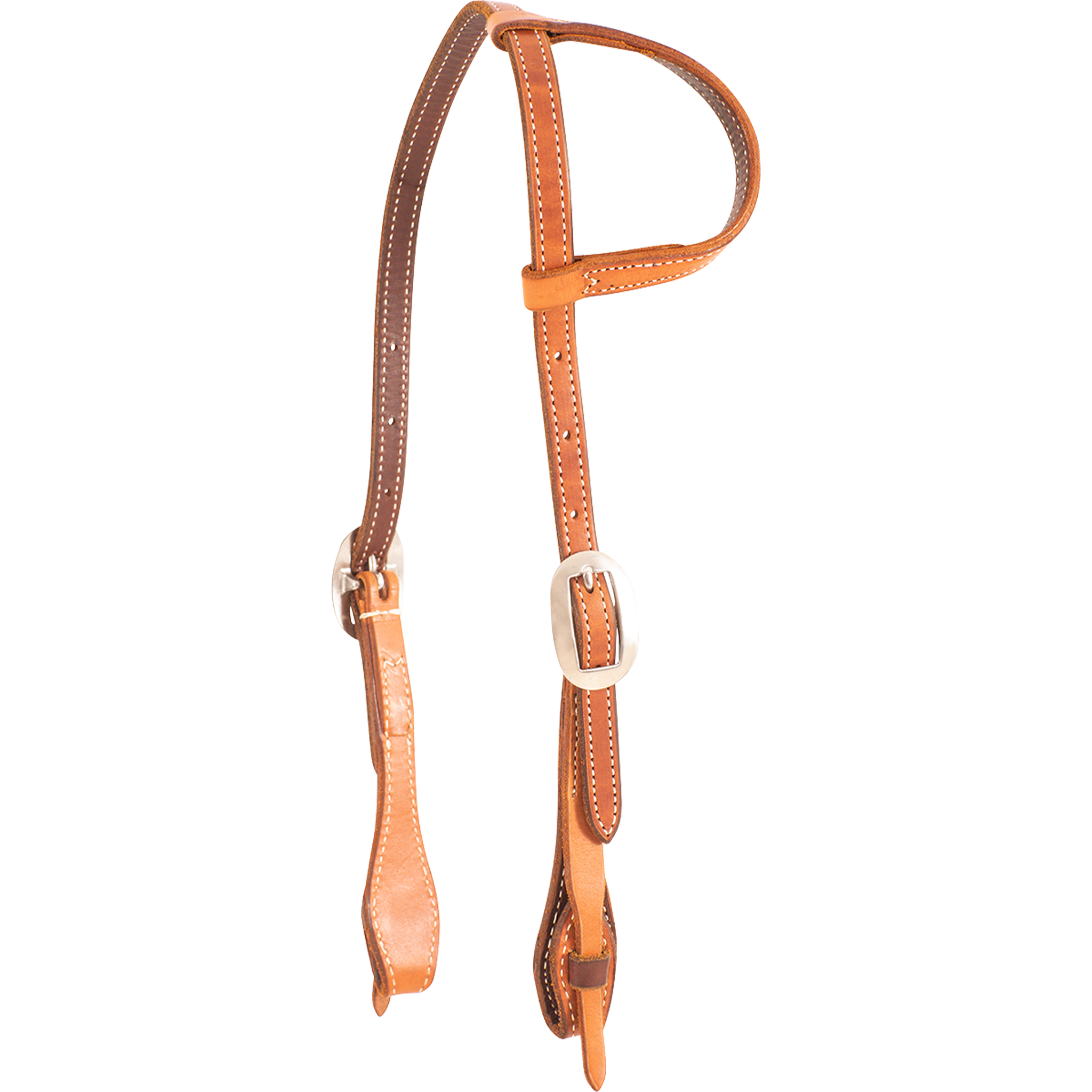 Slip ear headstall with quick-change bit ends, seen from the front quarter. The natural skirting leather is doubled and stitched with dark latigo lining and finished with cart buckles.