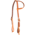 Slip ear headstall with quick-change bit ends, seen from the front quarter. The natural skirting leather is doubled and stitched with dark latigo lining and finished with cart buckles.
