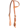 Slip ear headstall with quick-change bit ends, seen from the front quarter. The natural skirting leather is doubled and stitched with dark latigo lining and finished with cart buckles.