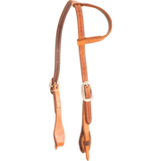 Slip ear headstall with quick-change bit ends, seen from the front quarter. The natural skirting leather is doubled and stitched with dark latigo lining and finished with cart buckles.