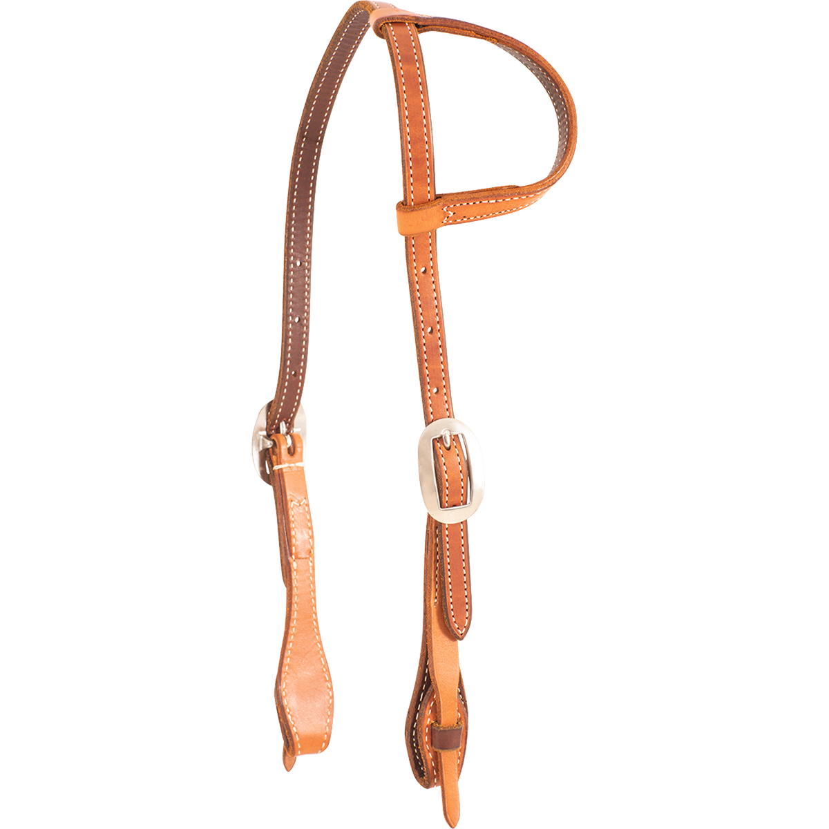 Slip ear headstall with quick-change bit ends, seen from the front quarter. The natural skirting leather is doubled and stitched with dark latigo lining and finished with cart buckles.