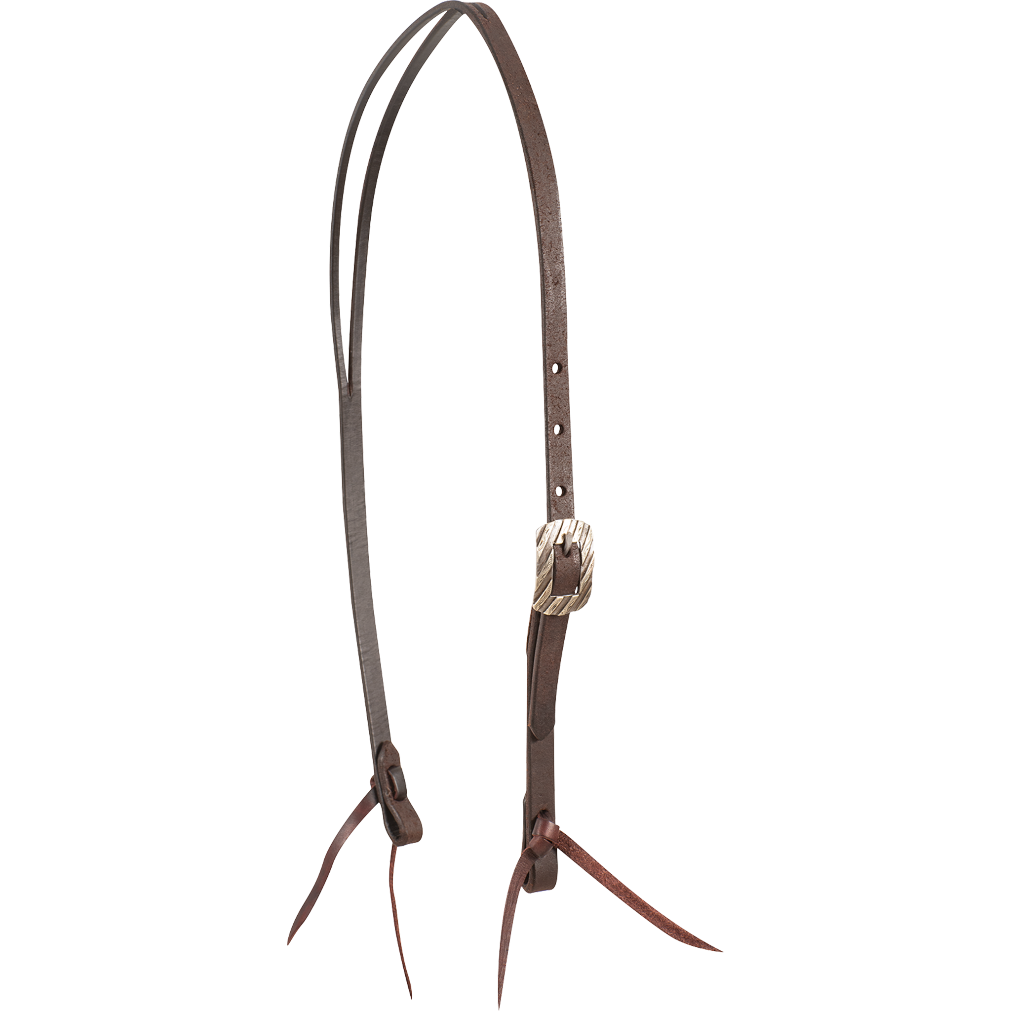 Chocolate roughout split ear headstall with a Bandera buckle, seen from the front quarter. The engraved buckle sits on the cheek of the 5/8-inch strap, which ends in latigo bit ties.