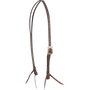 Chocolate roughout split ear headstall with a Bandera buckle, seen from the front quarter. The engraved buckle sits on the cheek of the 5/8-inch strap, which ends in latigo bit ties.