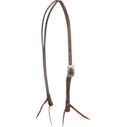 Chocolate roughout split ear headstall with a Bandera buckle, seen from the front quarter. The engraved buckle sits on the cheek of the 5/8-inch strap, which ends in latigo bit ties.