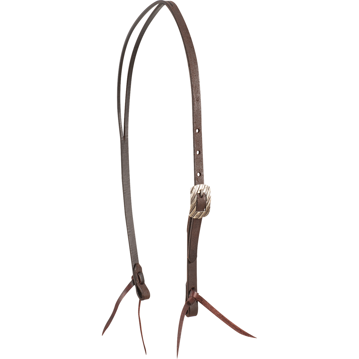 Chocolate roughout split ear headstall with a Bandera buckle, seen from the front quarter. The engraved buckle sits on the cheek of the 5/8-inch strap, which ends in latigo bit ties.
