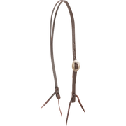 Chocolate roughout split ear headstall with a Canyon buckle, seen from the front quarter. An engraved oval buckle adjusts the cheek of the 5/8-inch strap, and latigo ties hold the bit.