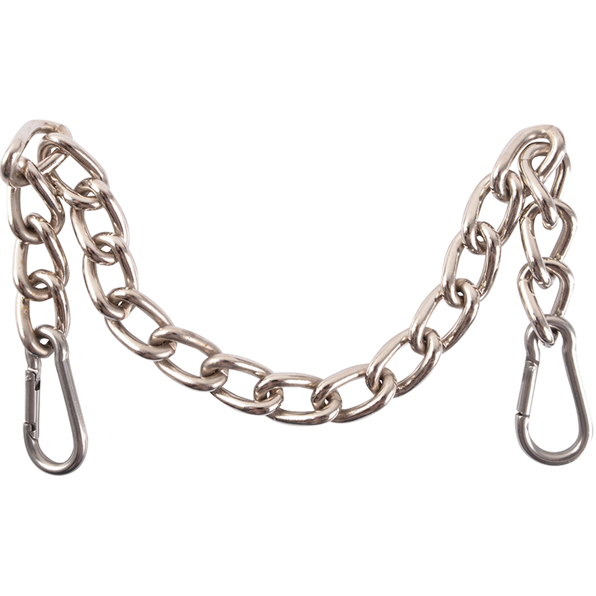 Stainless steel curb chain laid out in a curve. The flat-link chain has a stainless steel clip at each side for fast adjustments.