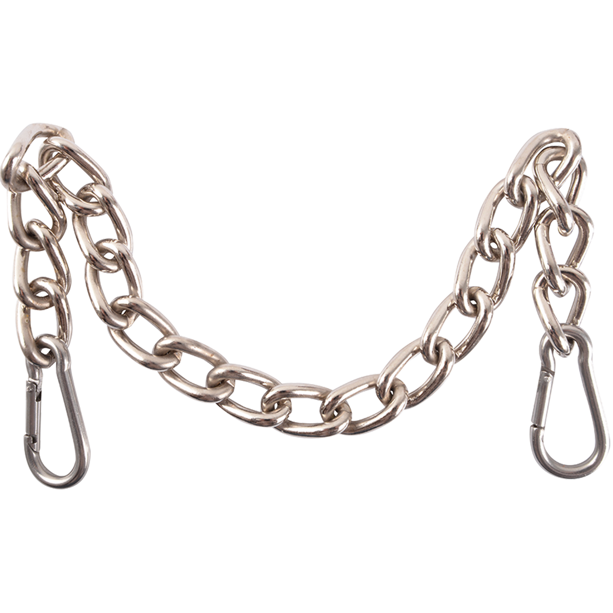 Stainless steel curb chain laid out in a curve. The flat-link chain has a stainless steel clip at each side for fast adjustments.